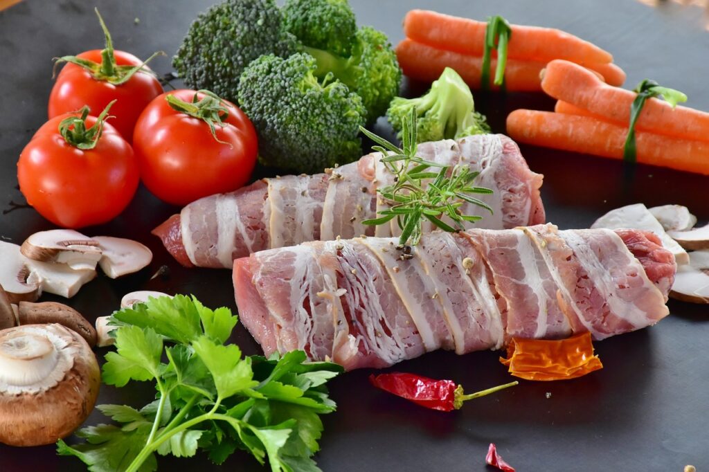 pig, pork, pork tenderloin, rice, mushrooms, brown mushrooms, tomatoes, herbs, meal, cook, food, healthy, yummy, seasoning, nourishment, fresh, natural product, kitchen, vegetables, raw, uncooked, still life, pork, pork, pork, pork, pork